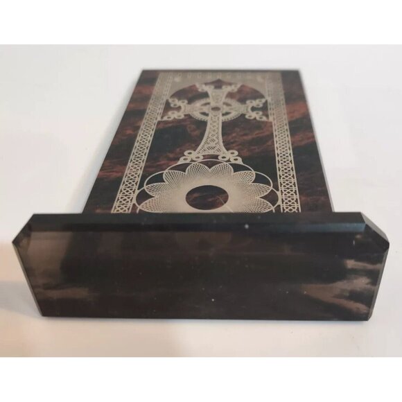 Celtic Cross Silver Print on Glass 6" Stand Mahogany Obsidian ? Alter Safe Space - Picture 3 of 13
